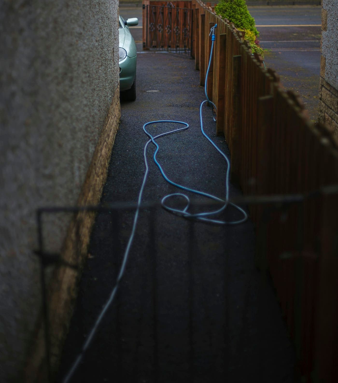 Blue hose coiled across a freshly washed paved walkway