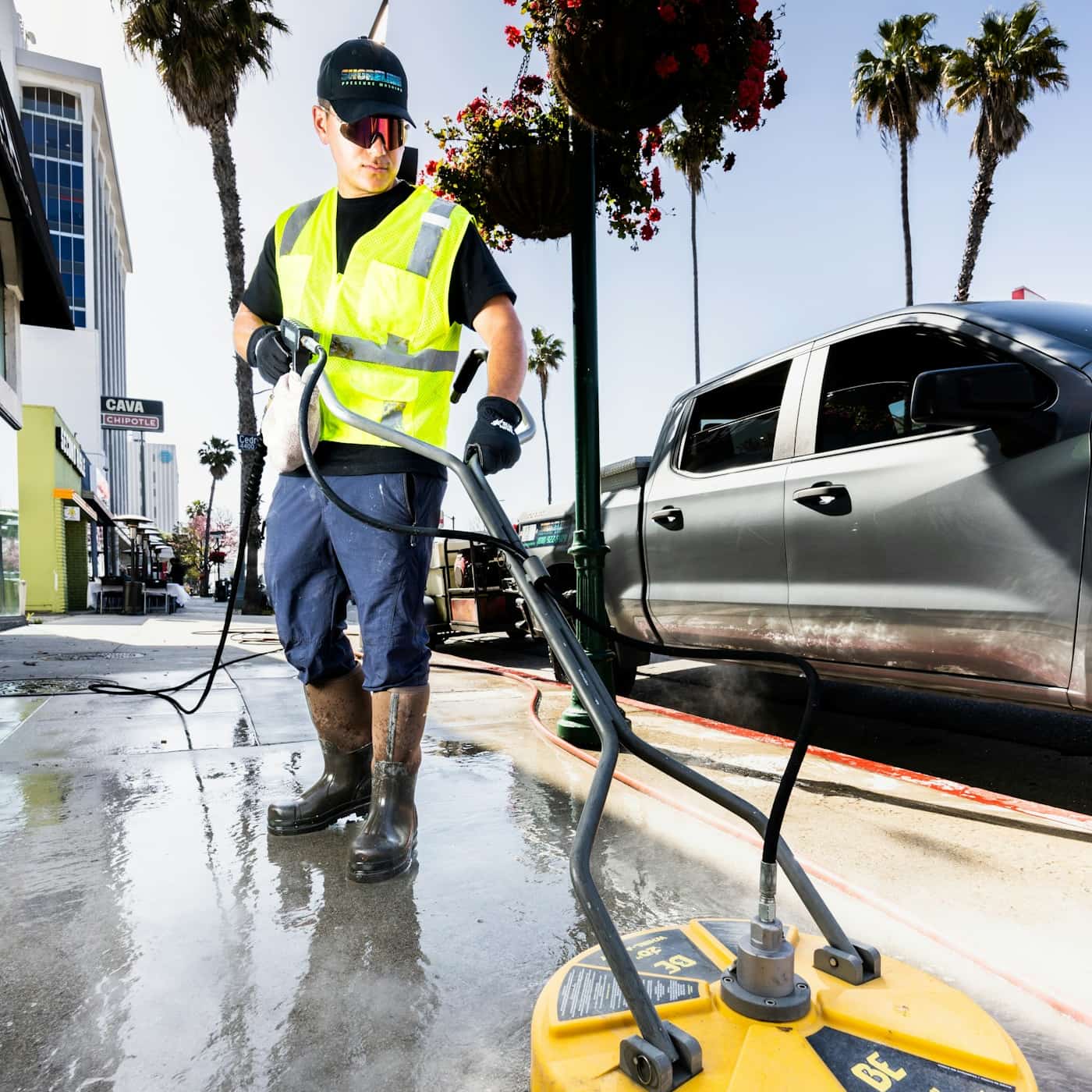 Technician in a high-vis vest running a surface cleaner attachment across wet concrete pavement, hose trailing to a pressure-washing rig