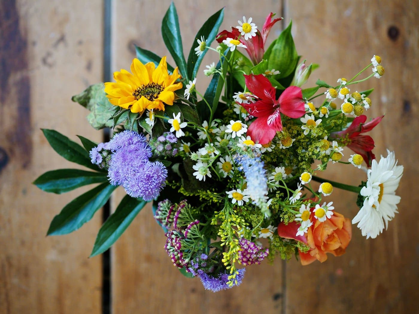 Assorted wildflowers gathered on a brown wood surface